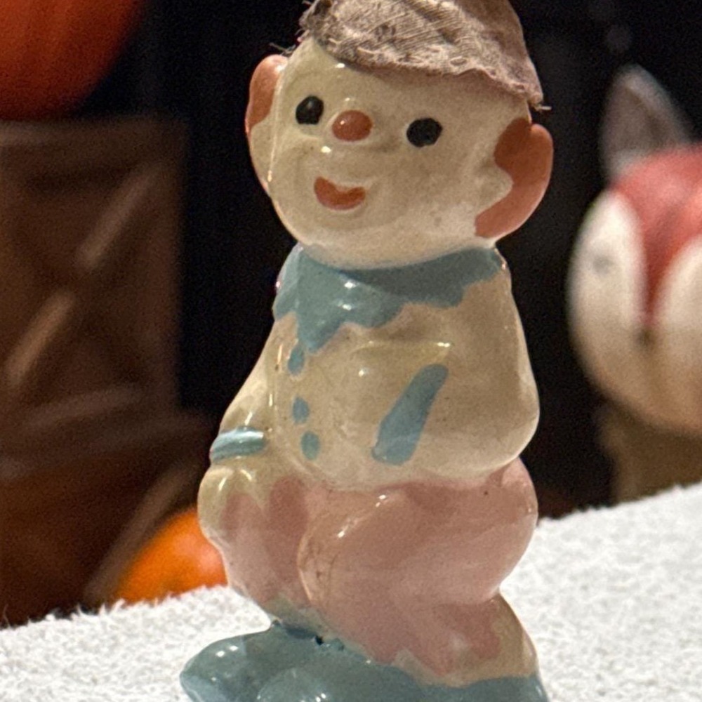 Vintage Ceramic Clown Figurine Pastel Blue Pink Hand Painted Fabric Hat Pom Pom